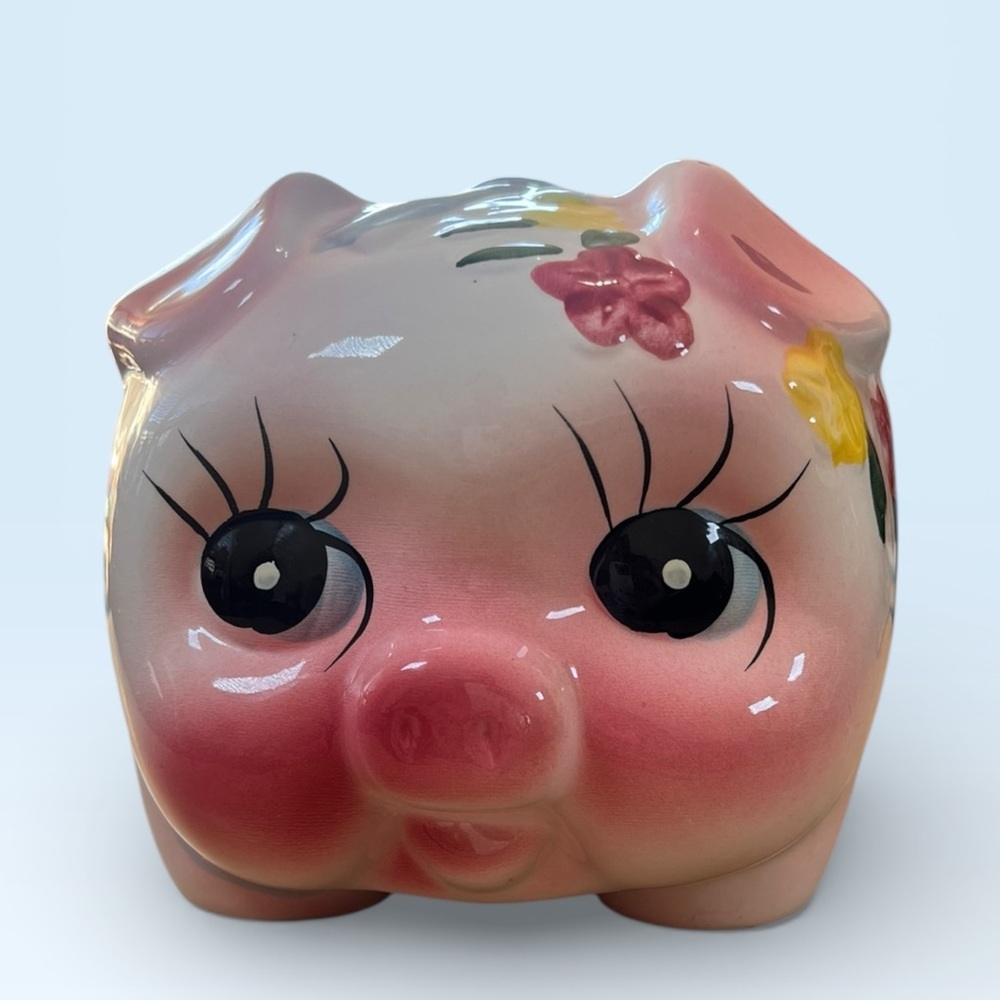 Adorable Vintage Ceramic Hand Painted Floral Pink Piggy Bank: Made in Taiwan